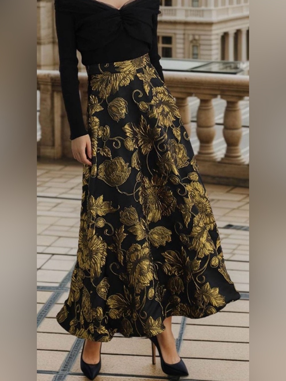Chicwish Black Maxi Skirt with Gold Floral Jacquard